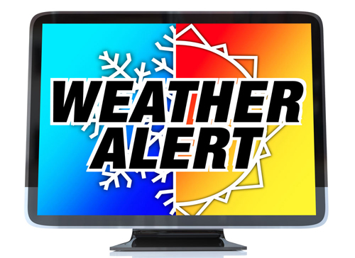 A television with the words 'Weather Alert' and a snowflake and sun on the screen. 