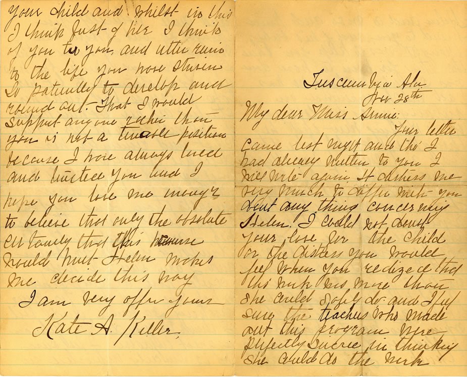 Photo of a letter written by Kate A. Keller to Anne Sullivan