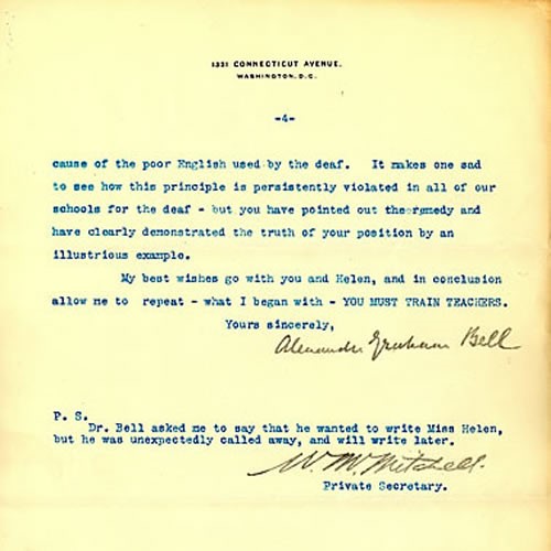 Page 4 of a letter from Alexander Graham Bell in Washington, D.C. to Anne Sullivan in Cambridge, Massachusetts, April 2, 1903. 