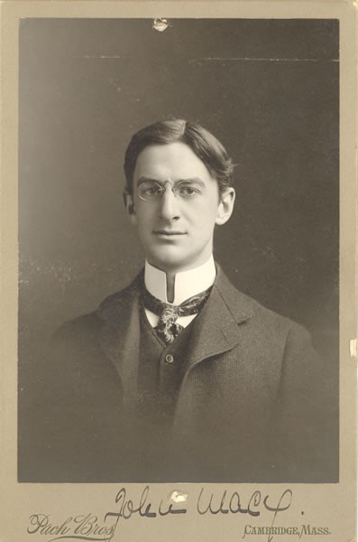 This head and shoulders photographic portrait is of John Albert Macy, circa 1900. He wears glasses and faces the camera dressed in a jacket, vest, necktie, and high collar. Photo credit: Pach Brothers, Cambridge, Massachusetts.