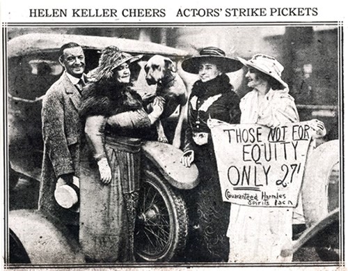 Left to right, Franklin Ardell, Anne Sullivan Macy, Sieglende (the dog), Helen Keller, and Margaret Vail in front of a car taking part in a strike by actors in 1919. 