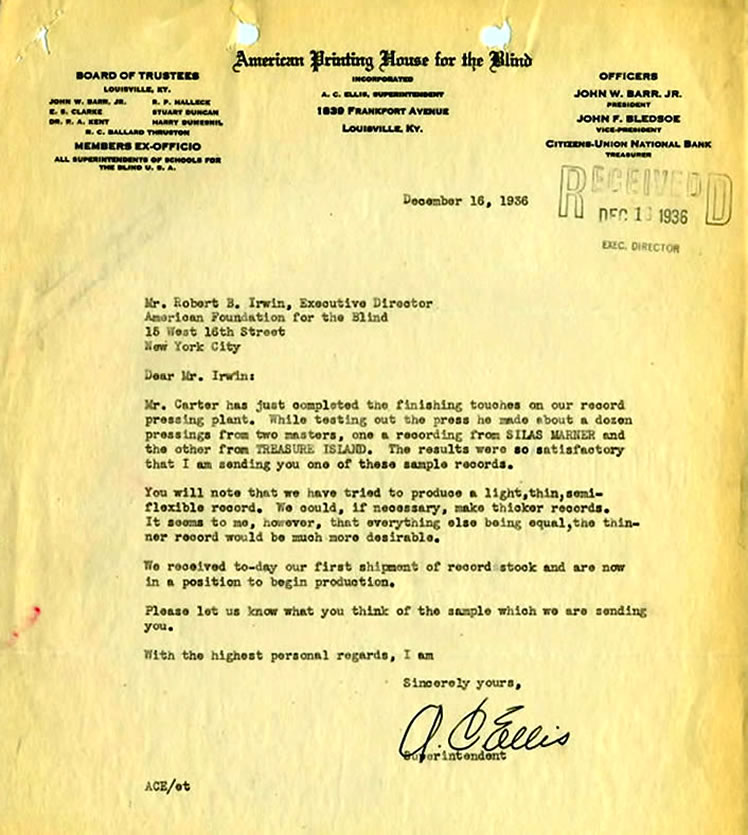 Letter from A. C. Ellis, Superintendent, American Printing House for the Blind, to Robert B. Irwin, Executive Director, American Foundation for the Blind, December 16, 1936. Talking Book Archives, American Foundation for the Blind.