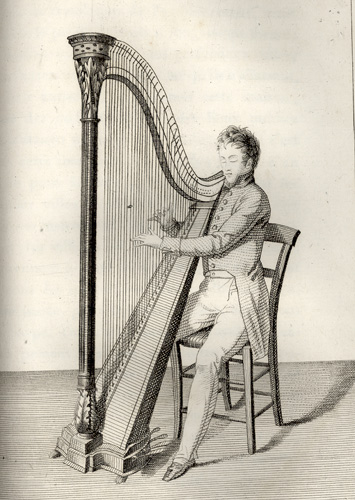 Engraving from "Essay on the Instruction of the Blind" [Essai sur L'Instruction des Aveugles] by Sebastien Guillié, Paris, 1817. The engraving depicts a seated man who is blind, playing a harp.