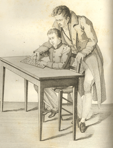 Engraving from "Essay on the Instruction of the Blind" [Essai sur L'Instruction des Aveugles] by Sebastien Guillié, Paris, 1817. The engraving depicts a teacher who is standing behind a student who is blind and who is seated at a desk. The student holds a stylus as the teacher guides his hand.