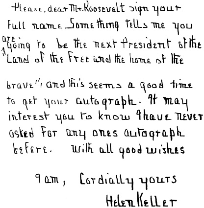 Facsimile of handwritten letter from Helen Keller.