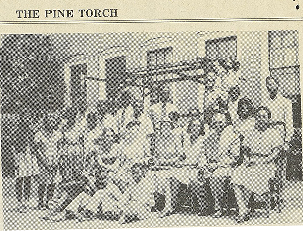 This group photo was taken on the campus of Piney Woods School, May 28, 1945, during a visit by Helen Keller. Ms. Foxx is seated in the first row, far right.