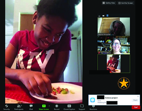 A school-age Black girl examines a variety of seeds on a plate while her science teacher and teaching assistant present a Zoom lesson.