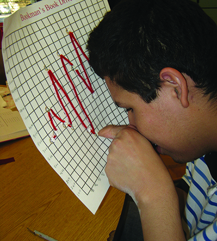 A White school-age teenage boy looks at a line graph he has created using APH large print graph paper, Wikki Stixs, and hot glue dots. 