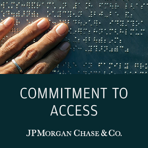 hand reading braille. Text reads: Commitment to access, JPMorgan Chase & Co. logo.