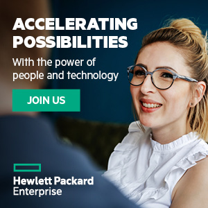 Smiling business woman with glasses speaks to a co-worker in her office. Text reads: Accelerating possibilities with the power of people and technology. Join us: Hewlett Packard Enterprise. 