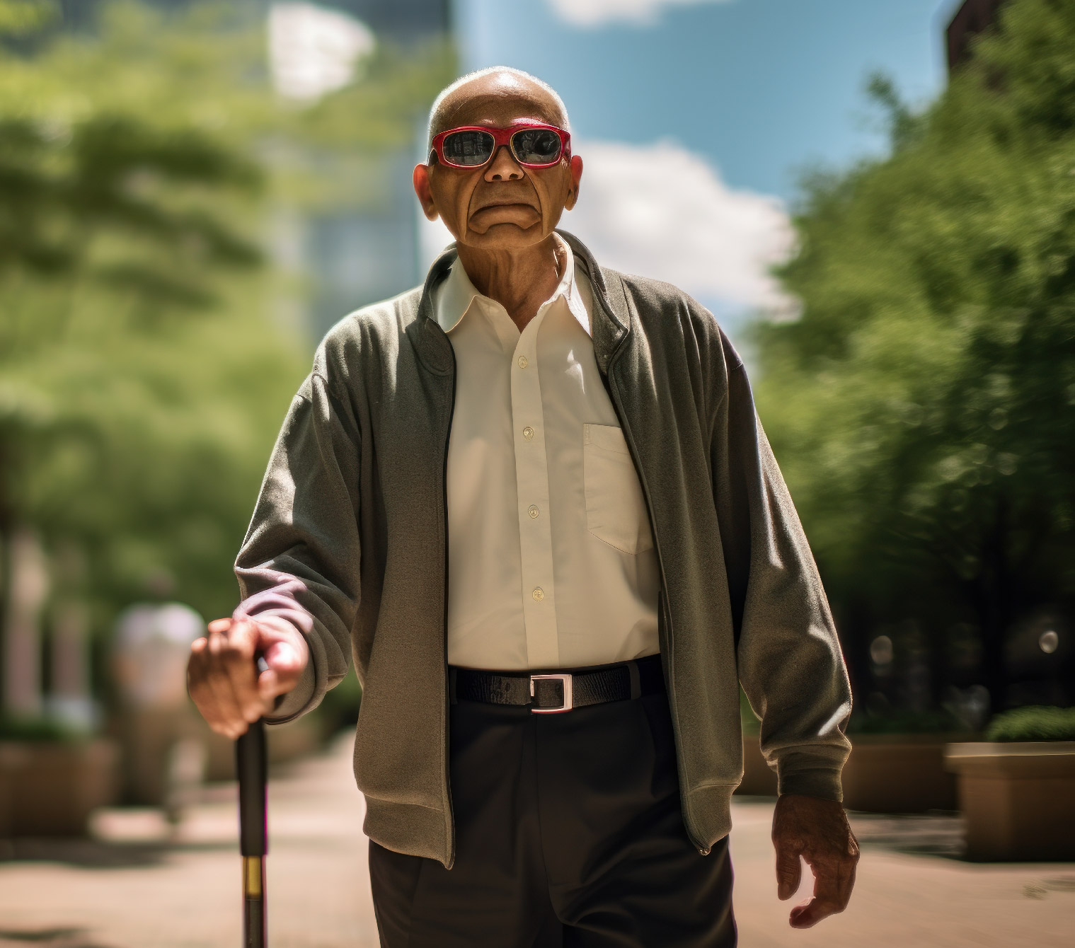 An elderly person wearing sunglasses walks with a cane outside