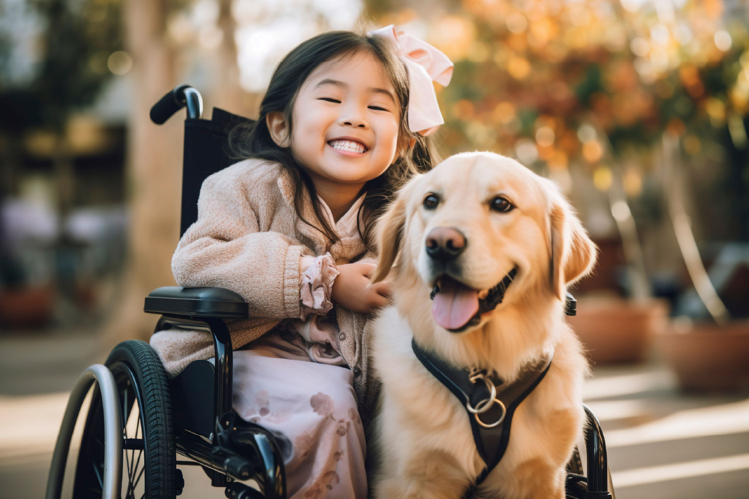 A disabled girl in a wheelchair with her guide dog next to her.