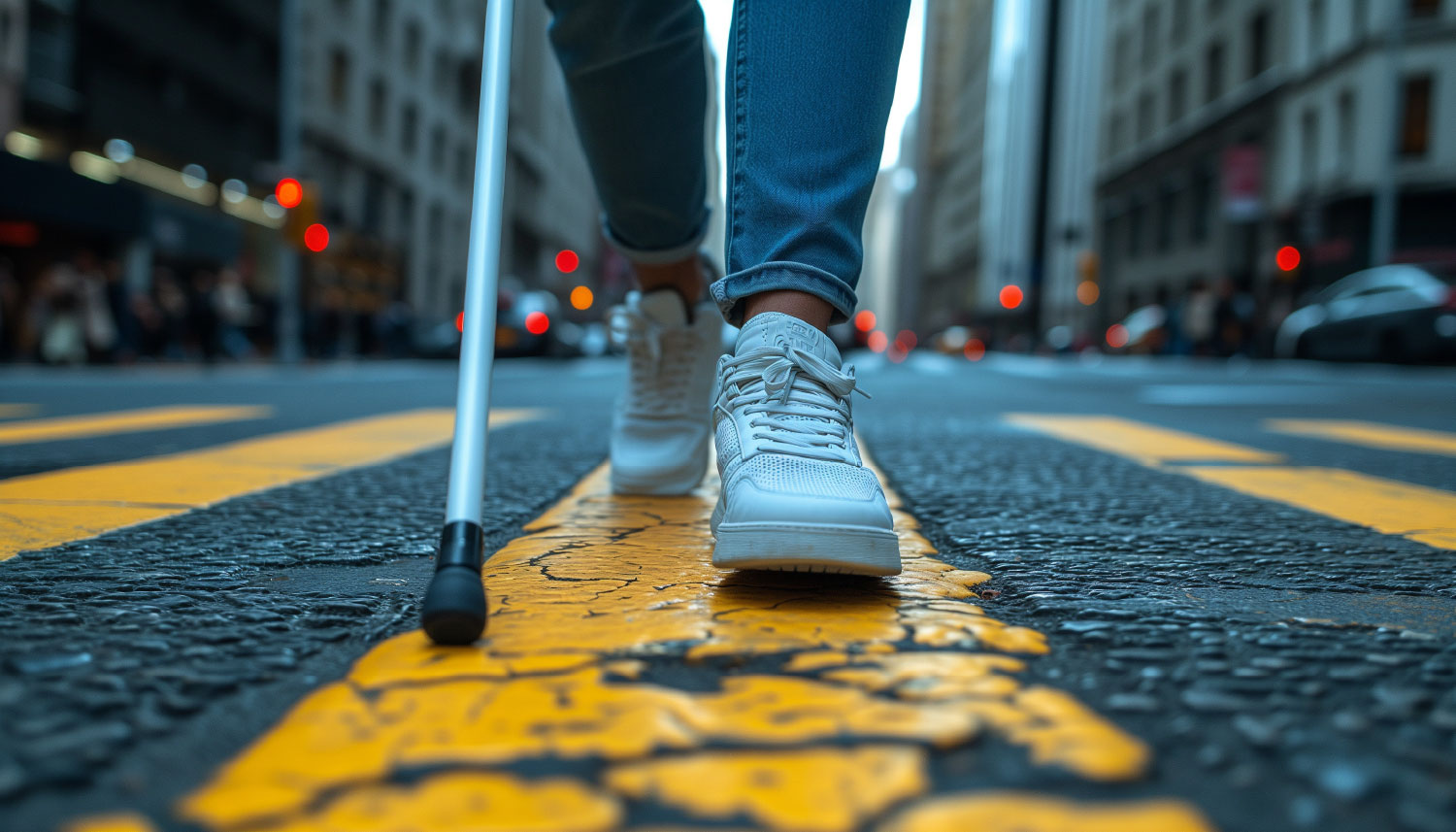 A blind person using a white cane that focuses on the shoes of the person and the tip of the white cane.