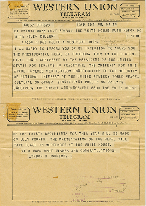 Western Union Telegrams from President Lyndon B. Johnson to Helen Keller, 1964. Courtesy Helen Keller Archives, American Foundation for the Blind