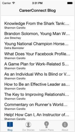 A screen grab showing the CareerConnect Blog interface on the CareerConnect app