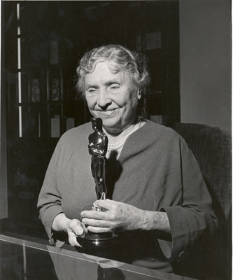 Helen Keller holding her Oscar 1955