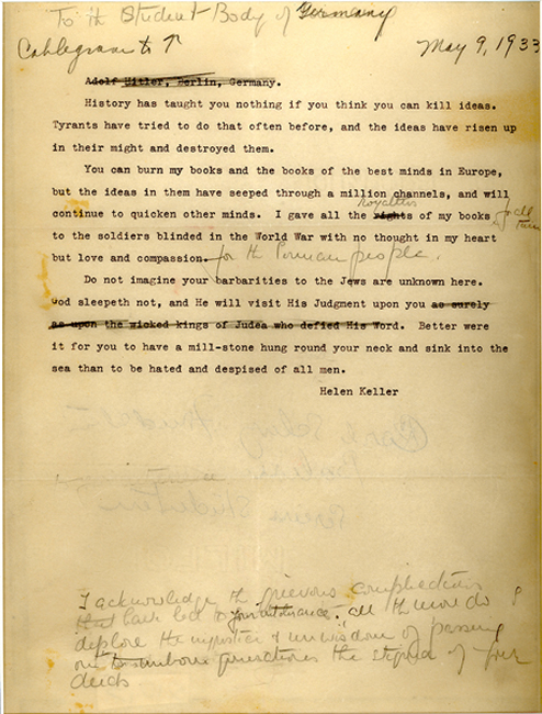 Helen Keller's letter to German students, 1933