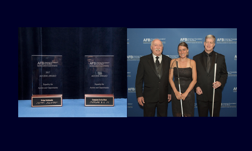 Left, photo of the 2017 Access Award plaques. Right, Photo of Larry Kimbler, AFB Board chair; Patricia Walsh, MC; and Kirk Adams at the 2017 HKAA.