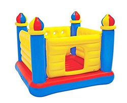 A yellow, red, and blue inflatable castle bounce house