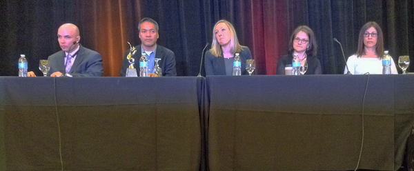 From left to right, Russell Shaffer, Jennison Asuncion, Engineering Manager, Accessibility, LinkedIn; Megan Mauney, Senior Manager, Customer Experience, Florida Blue; Jen Guadagno, Senior Program Manager, Inclusive Hiring, Microsoft; and Dina Grilo, Program Manager, Office of Disability Inclusion, JPMorgan Chase & Co.