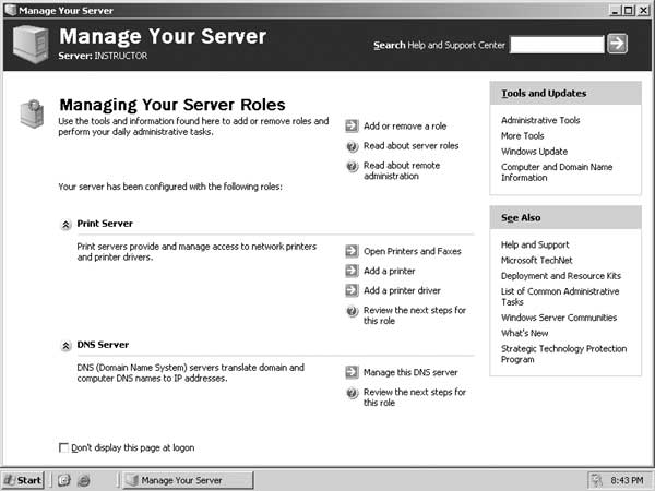 Figure 1. A sample screen from .NET. The "Manage Your Server Wizard" automatically runs at logon