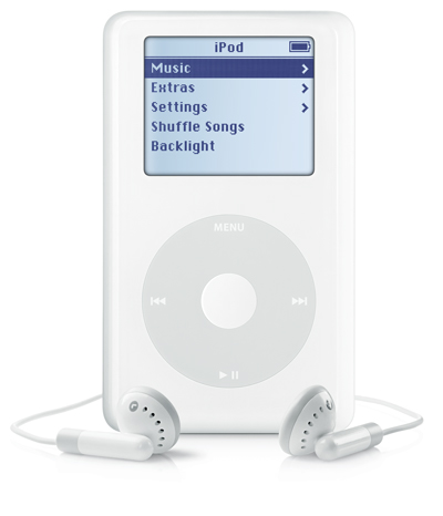 The iPod and earbuds, with display screen menu showing Music, Extras, Settings, Shuffle Songs, and Backlight.