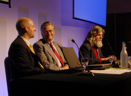 The three Techshare keynote speakers sitting at a table.