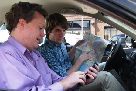 the author and an AFB TECH intern compare a print map with Wayfinder's directions.