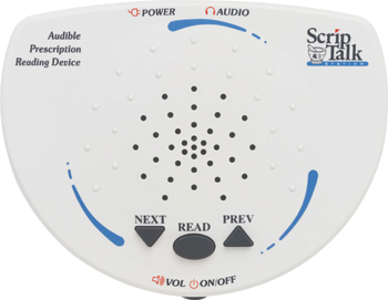 The ScripTalk device, a white, round device with four controls: a Next button, a READ button, a PREVIOUS button and an ON/OFF, VOLUME dial.