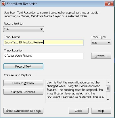 Screen shot of ZoomText Recorder Dialog Box