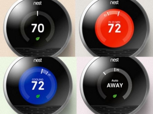 Screen shot of the Nest Thermostat displayed in black, dark orange, and dark blue backgrounds with the foreground colors in white