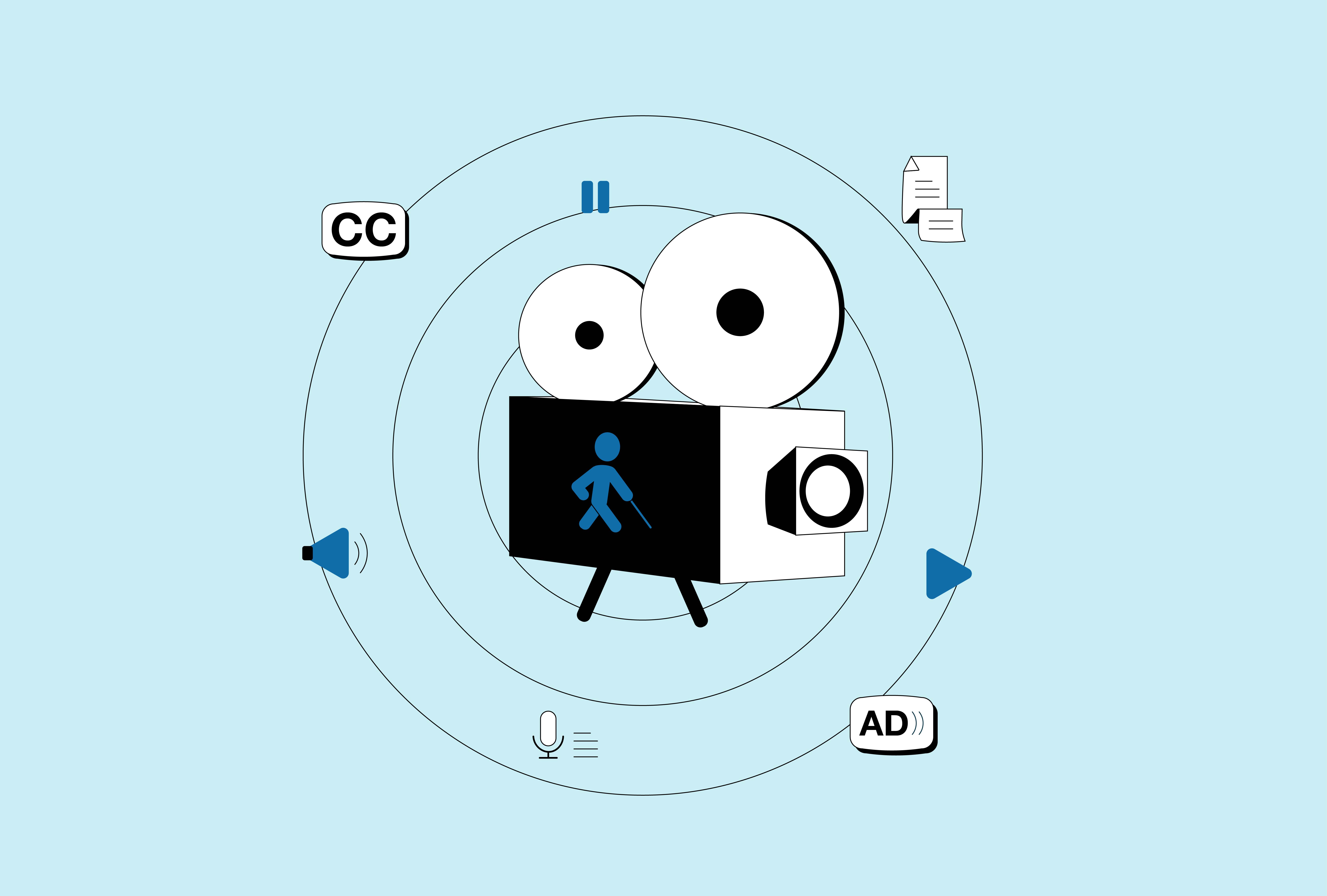 Digital illustration of a film camera with an accessibility icon placed on it