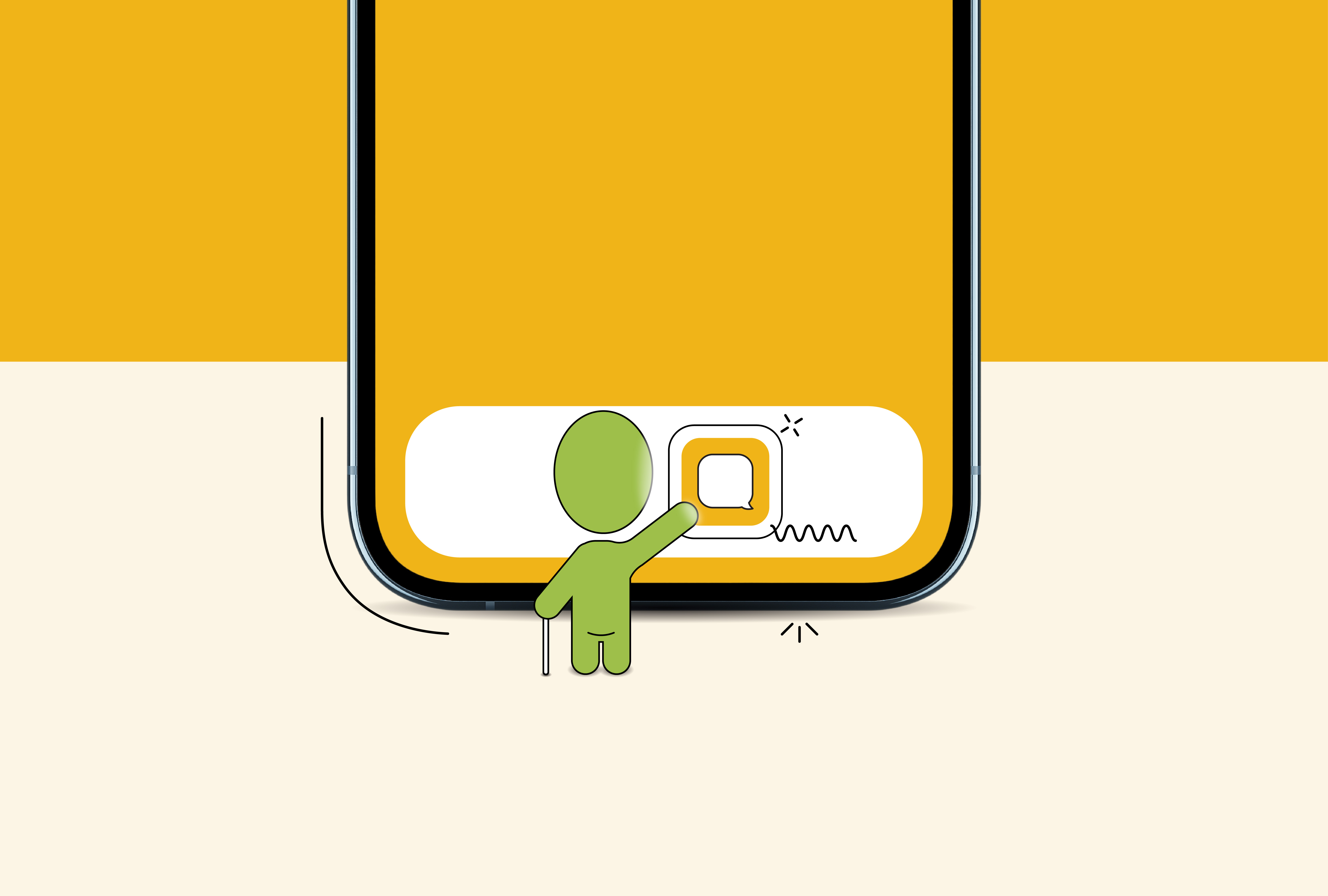 Digital illustration of an accessibility icon with a white cane touching an app on their phone. A focus indicator outlines the app.